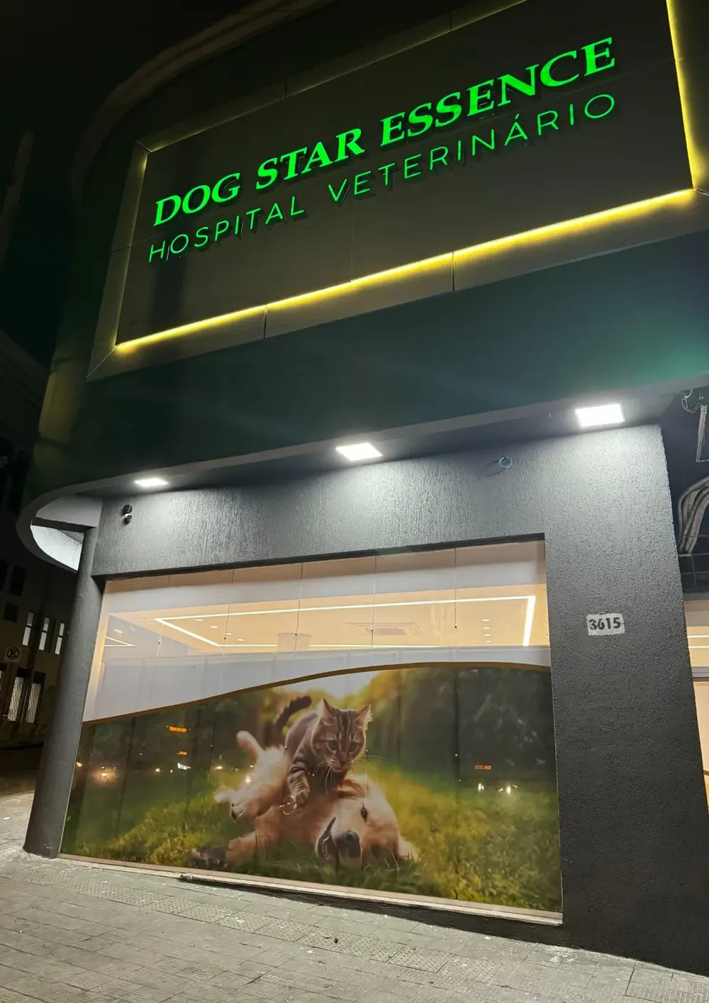 Fachada iluminada do Hospital Veterinário Dog Star Essence